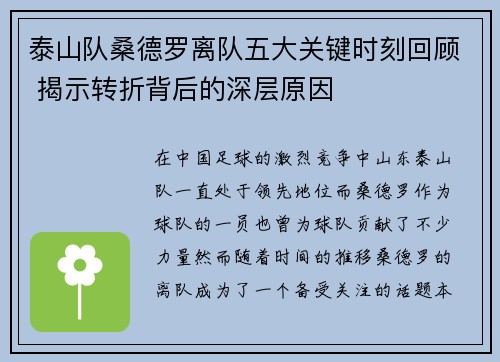 泰山队桑德罗离队五大关键时刻回顾 揭示转折背后的深层原因